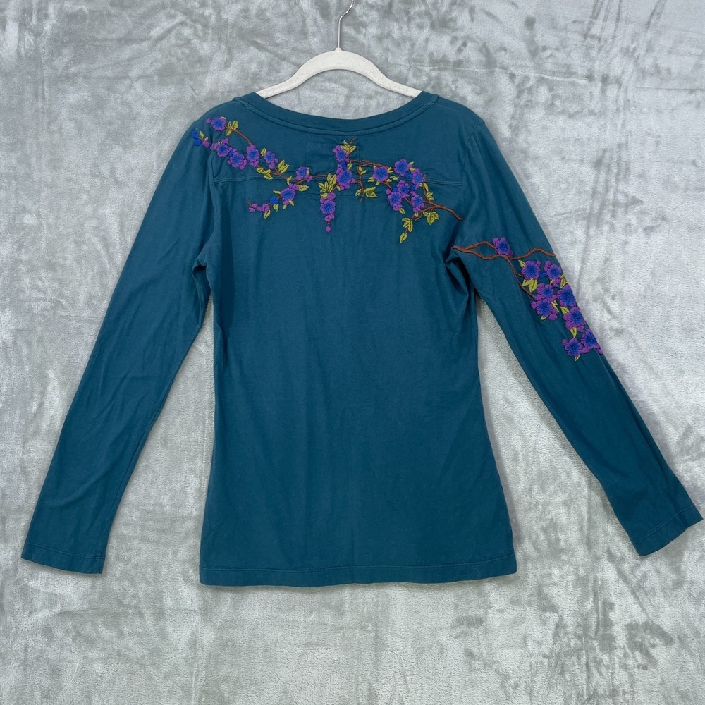 Johnny Was Teal Long Sleeve V-Neck Tee with Purple Floral Embroidery - Picture 7 of 7